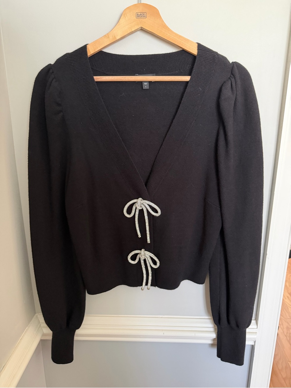 Black Puff-Sleeve Knit Cardigan with Bow Ties - Express Size Small (oversized)
